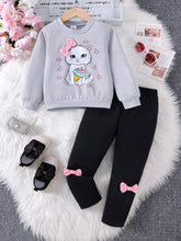 2pcs Young Girl' Adorable Cat Print Sweatshirt And Bow Decorated Pants Set, Spring And Autumn